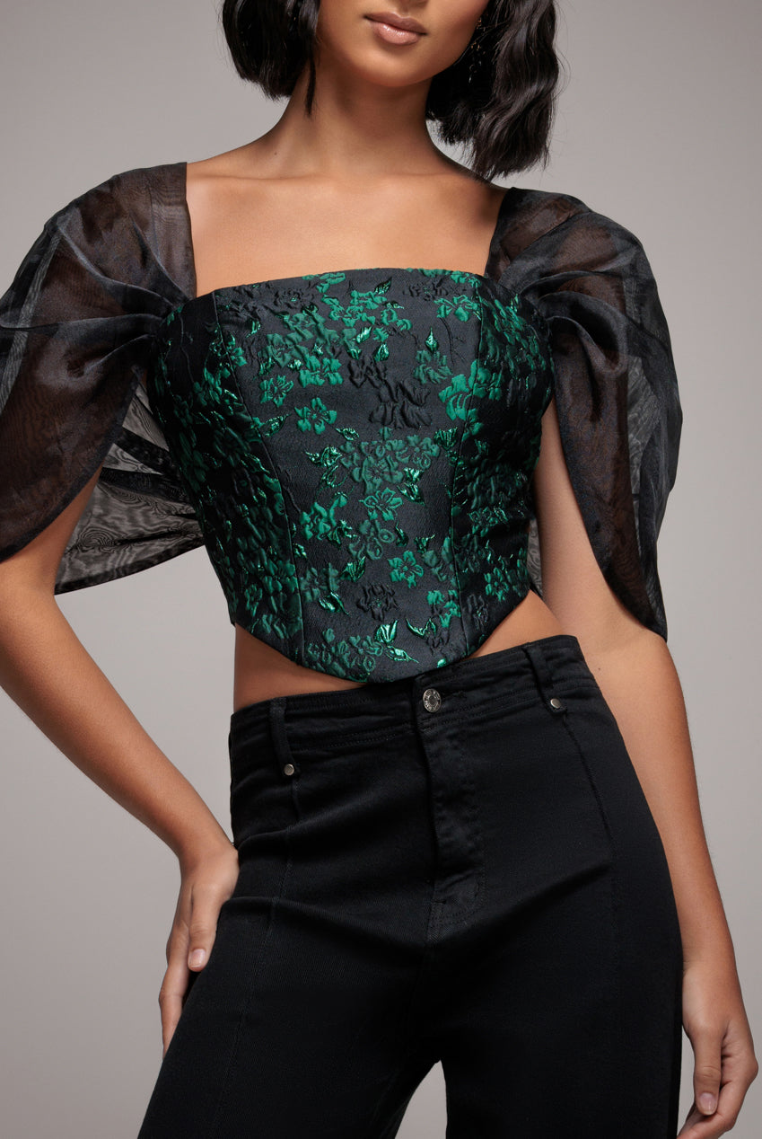 Off Shoulder Jacquard Top With Organza Wings - Emerald Black T231