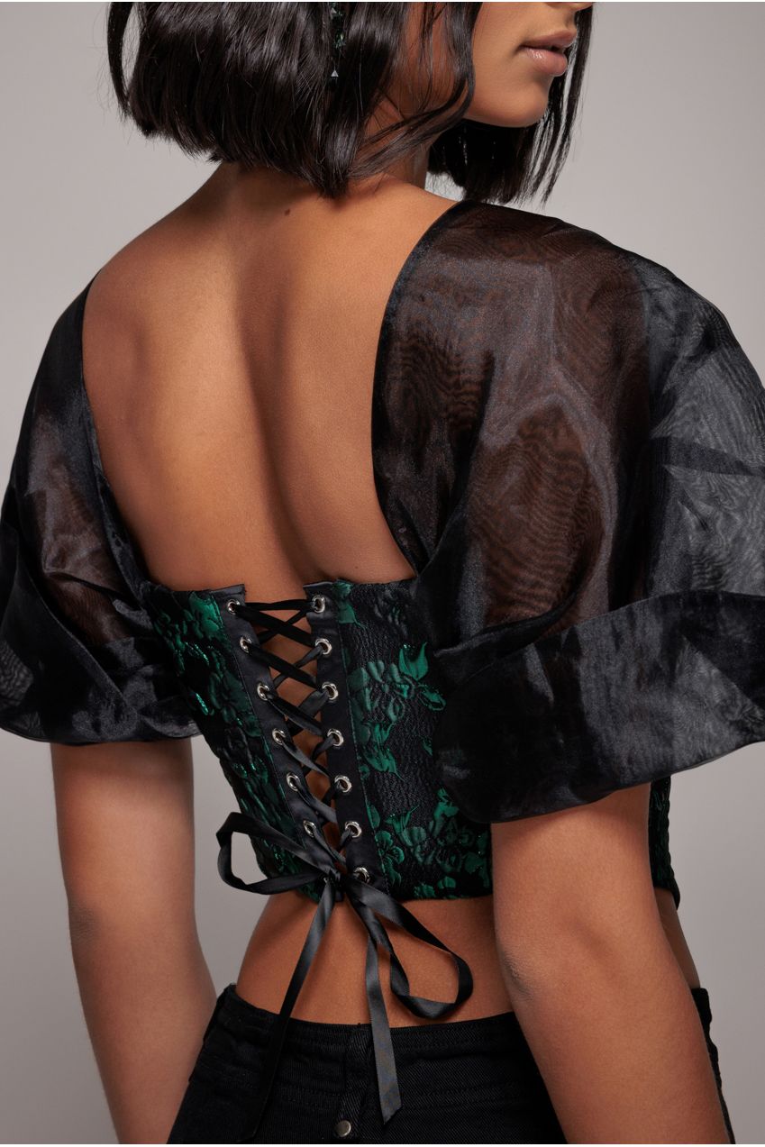 Off Shoulder Jacquard Top With Organza Wings - Emerald Black T231