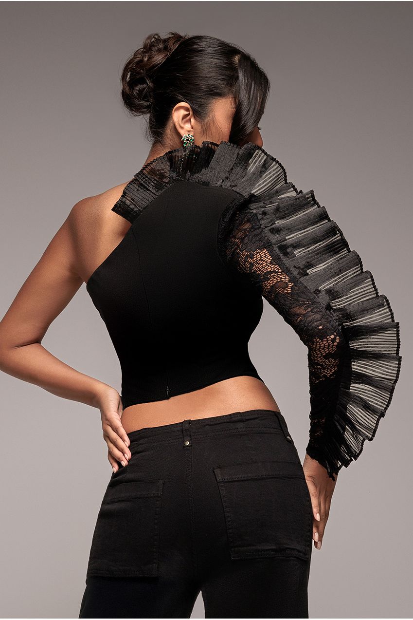 One Shoulder Fan Pleat Frill Corset Top - Black T232