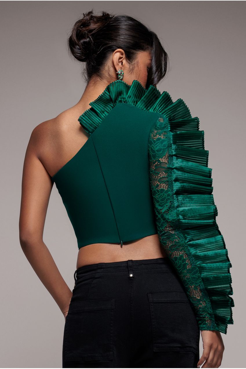 One Shoulder Fan Pleat Frill Corset Top - Emerald Green T232