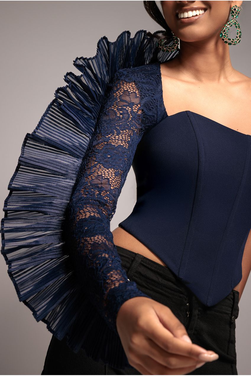 One Shoulder Fan Pleat Frill Corset Top - Navy Blue T232