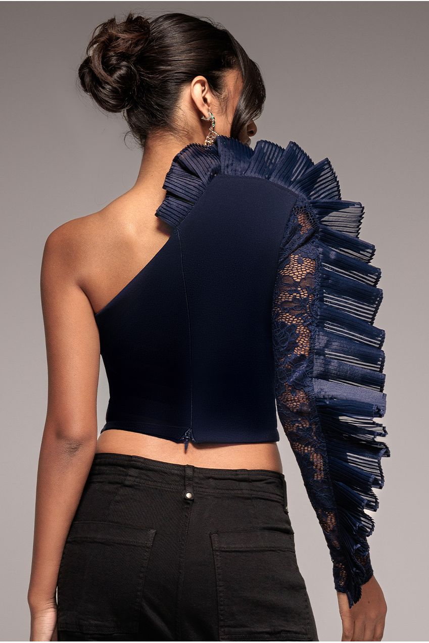 One Shoulder Fan Pleat Frill Corset Top - Navy Blue T232