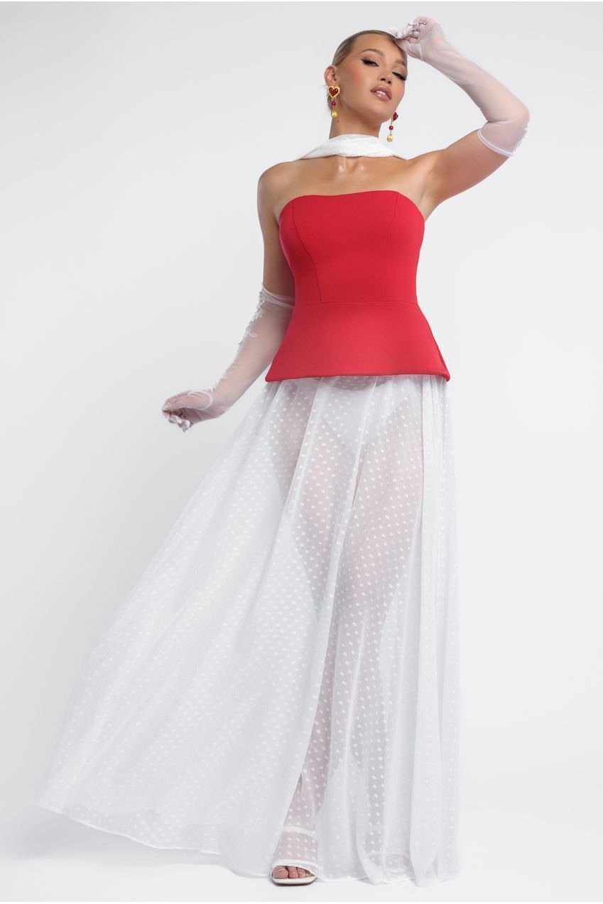 Scuba Boobtube Peplum Corset With Polka Dobby Chiffon A-Line Maxi Skirt With Scarf - Red & Cream LOOK12