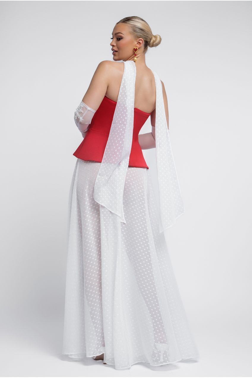 Scuba Boobtube Peplum Corset With Polka Dobby Chiffon A-Line Maxi Skirt With Scarf - Red & Cream LOOK12