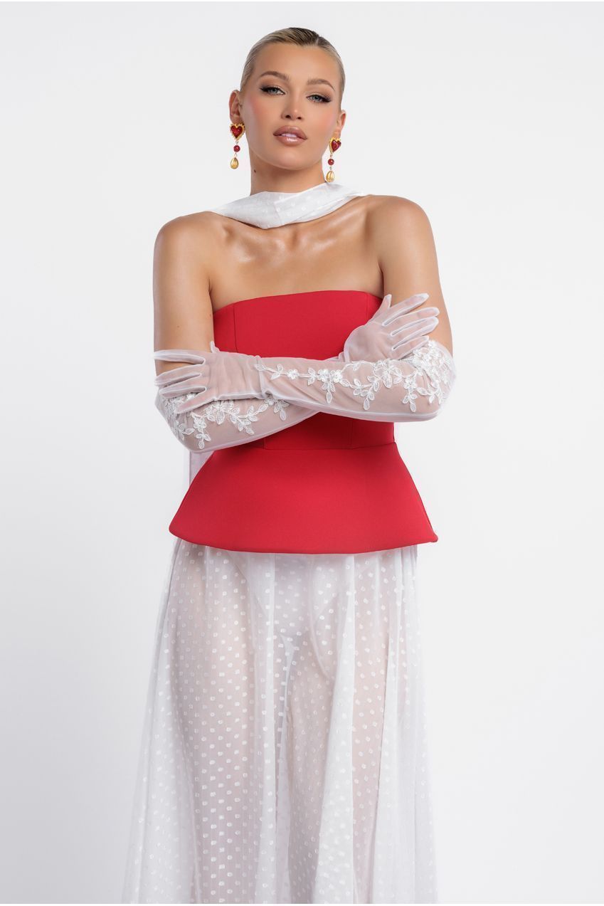 Scuba Boobtube Peplum Corset With Polka Dobby Chiffon A-Line Maxi Skirt With Scarf - Red & Cream LOOK12