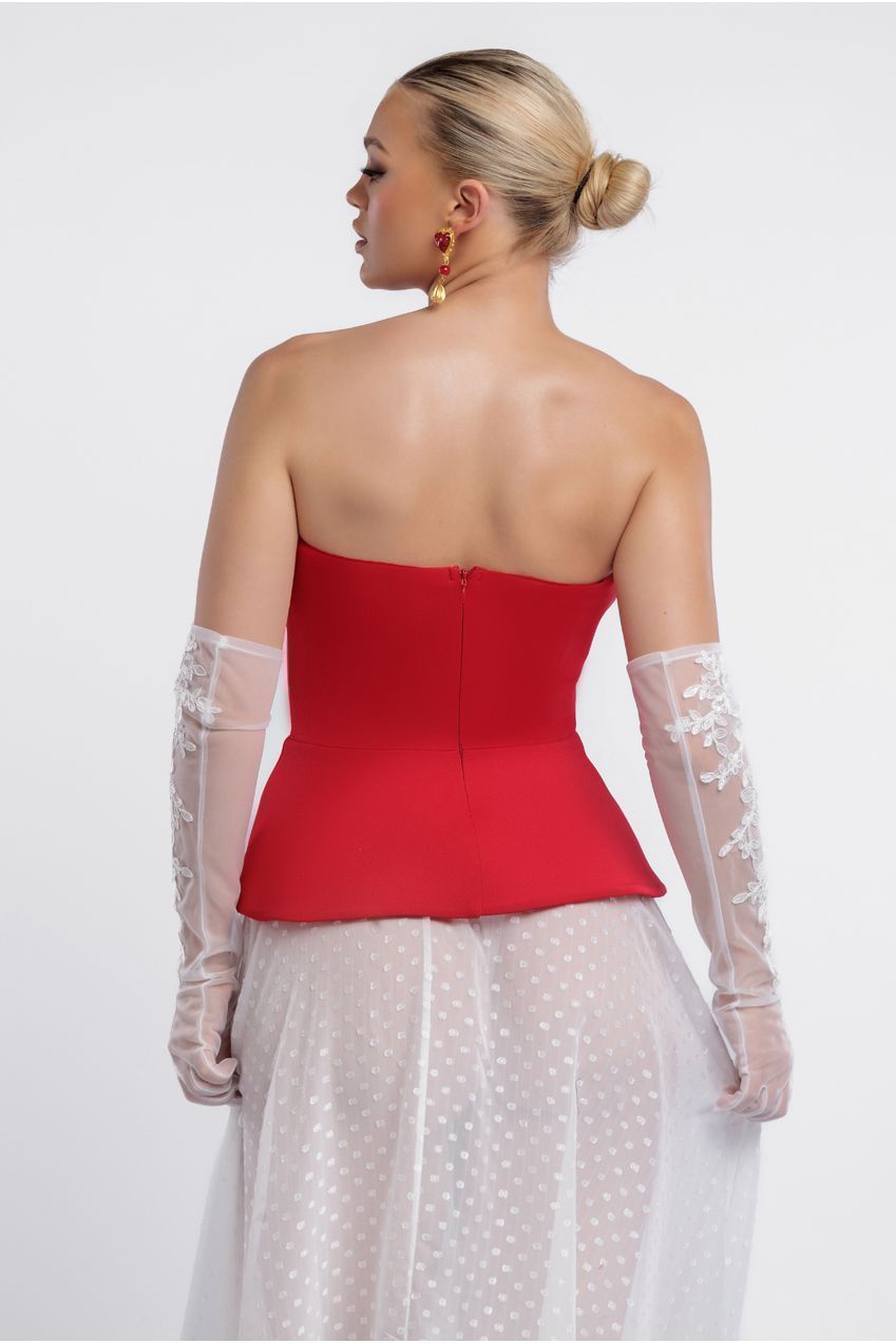 Scuba Boobtube Peplum Corset With Polka Dobby Chiffon A-Line Maxi Skirt With Scarf - Red & Cream LOOK12