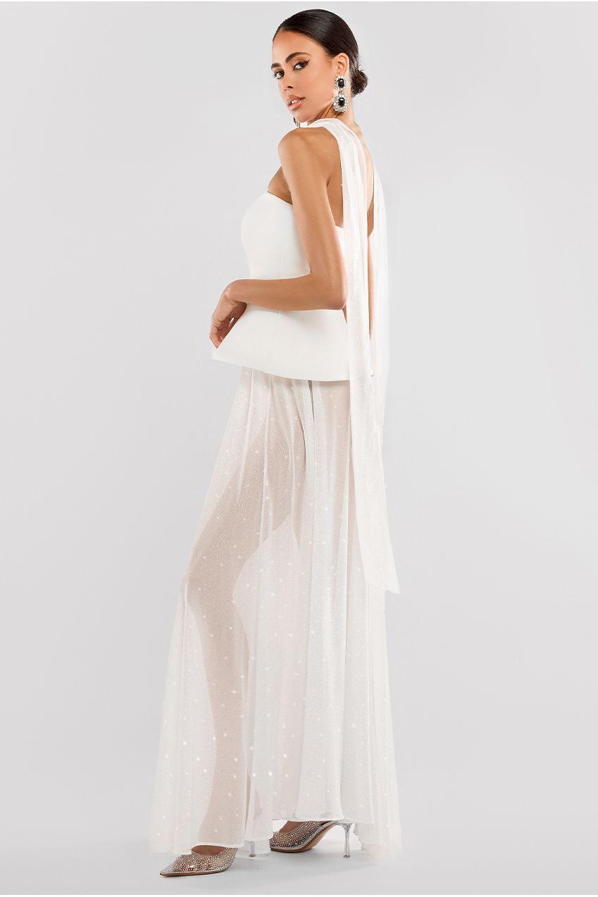 Scuba Boobtube Peplum Corset With Gathered A-Line Glitter Chiffon Maxi Skirt & Scarf - Cream LOOK10
