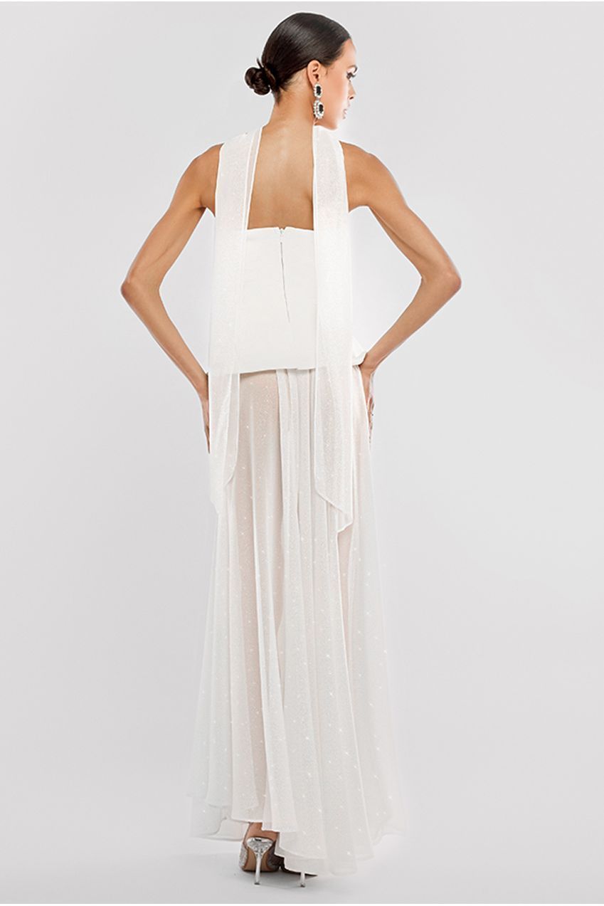 Scuba Boobtube Peplum Corset With Gathered A-Line Glitter Chiffon Maxi Skirt & Scarf - Cream LOOK10