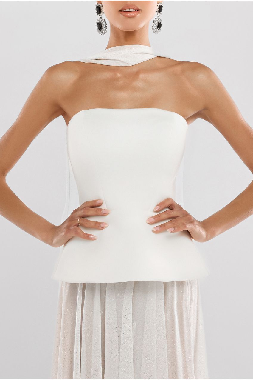 Scuba Boobtube Peplum Corset With Gathered A-Line Glitter Chiffon Maxi Skirt & Scarf - Cream LOOK10