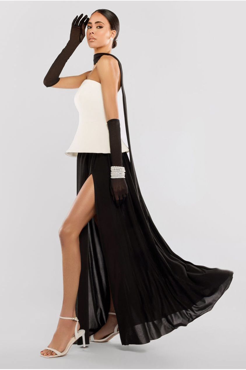 Scuba Boobtube Peplum Hem Corset & Side Split Jersey Maxi Skirt With Scarf & Gloves - Cream & Black LOOK06