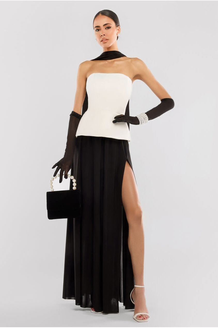 Scuba Boobtube Peplum Hem Corset & Side Split Jersey Maxi Skirt With Scarf & Gloves - Cream & Black LOOK06