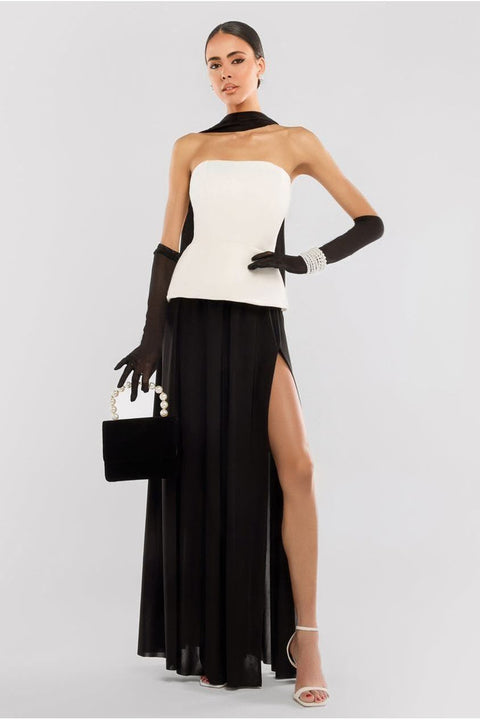 Scuba Boobtube Peplum Hem Corset & Side Split Jersey Maxi Skirt With Scarf & Gloves - Cream & Black by Goddiva