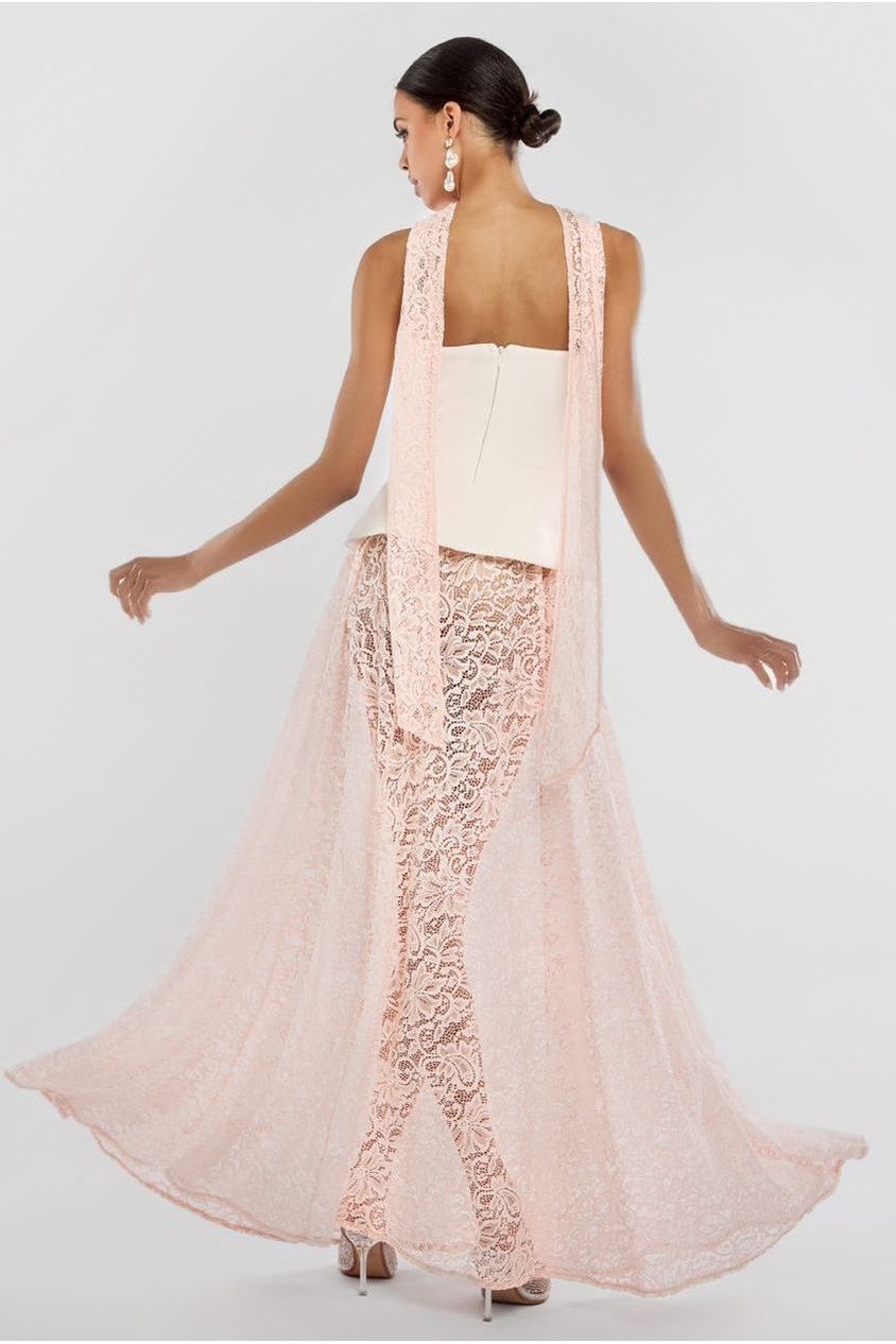 Scuba Boobtube Peplum Corset With Floral Lace A-Line Maxi Skirt With Scarf - Cream & Pink LOOK11