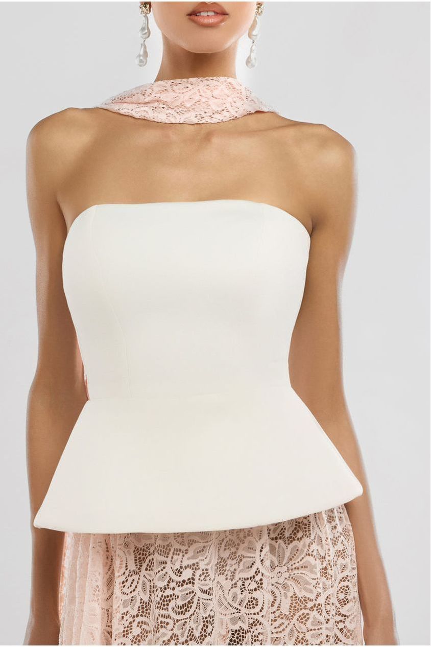 Scuba Boobtube Peplum Corset With Floral Lace A-Line Maxi Skirt With Scarf - Cream & Pink LOOK11