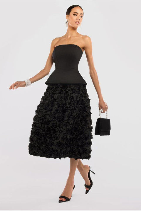 Scuba Boobtube Peplum Corset With 3D Floral Mesh Skirt - Black by Goddiva