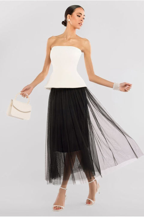 Scuba Boobtube Peplum Corset With Tulle Gathered Midaxi Skirt - Cream & Black by Goddiva