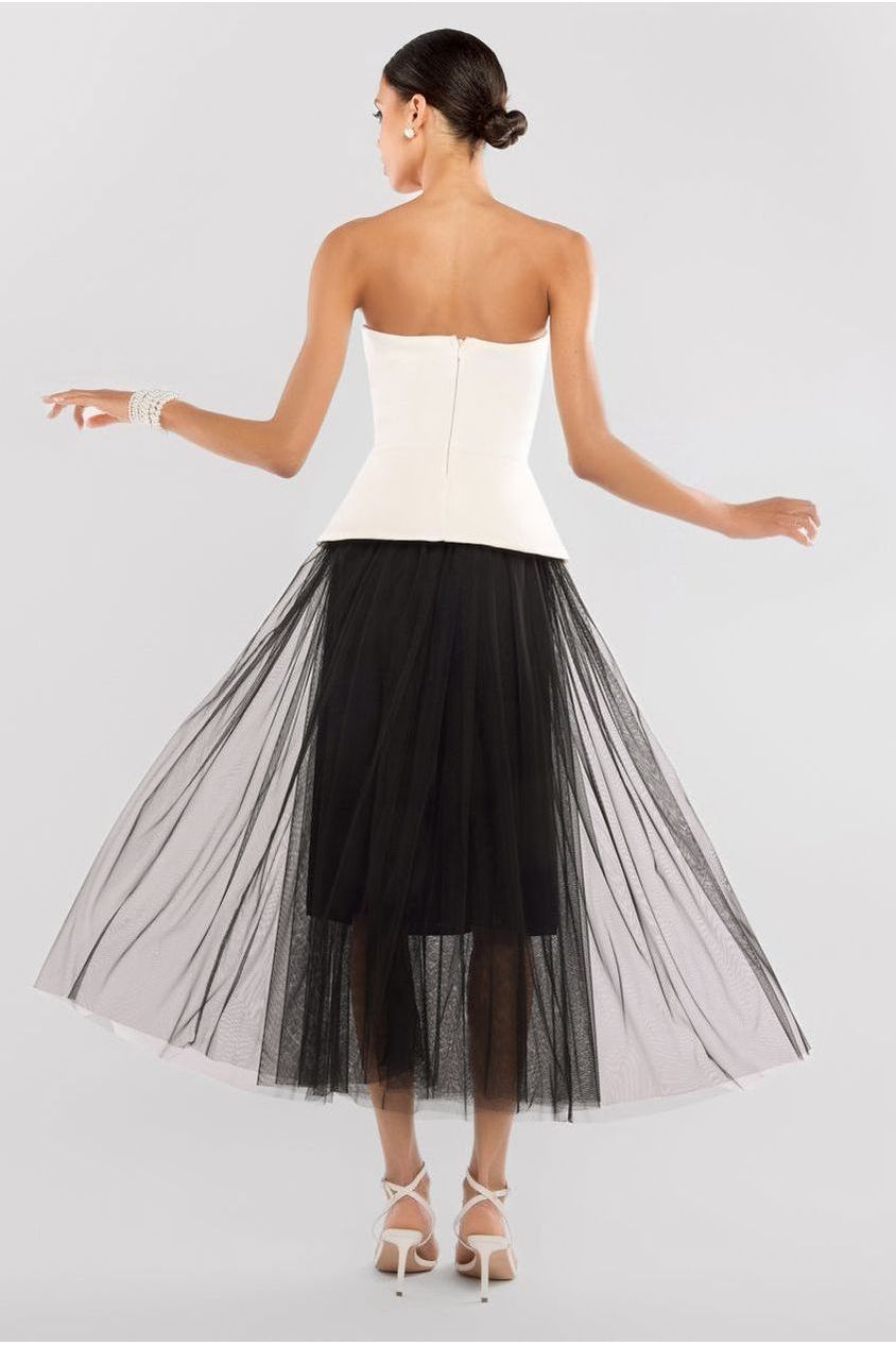 Scuba Boobtube Peplum Corset With Tulle Gathered Midaxi Skirt - Cream & Black LOOK03