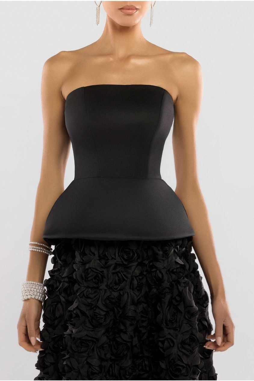 Scuba Boobtube Peplum Corset With 3D Floral Mesh Skirt - Black LOOK01