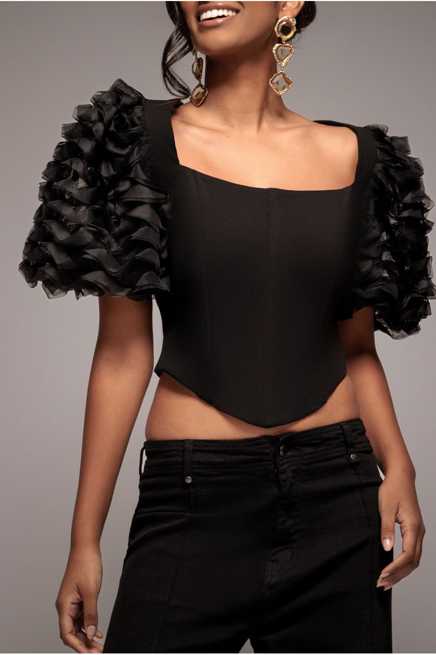 3D Textured Sleeve Scuba Corset Top - Black T235
