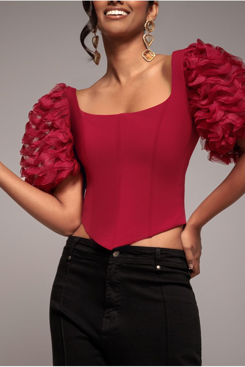 3D Textured Sleeve Scuba Corset Top - Burgundy T235