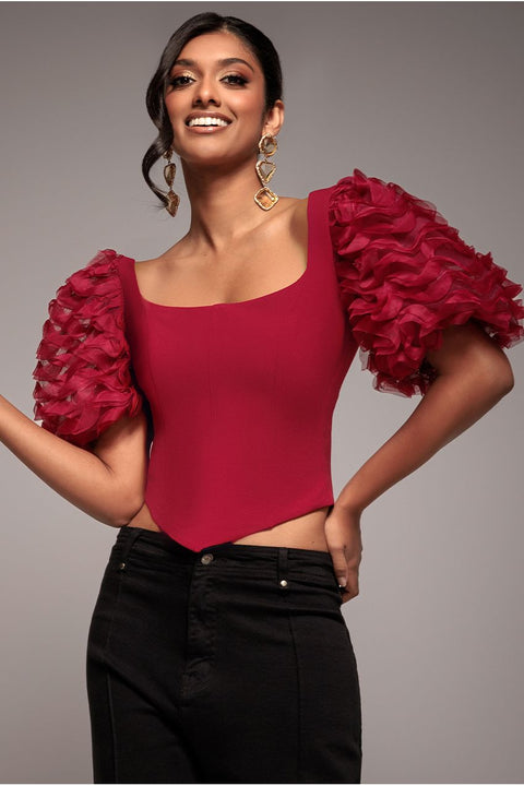 3D Textured Sleeve Scuba Corset Top - Burgundy by Goddiva