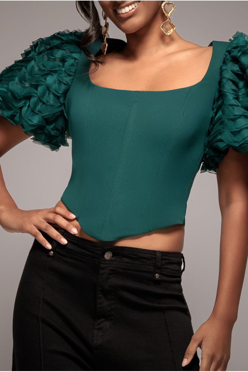 3D Textured Sleeve Scuba Corset Top - Emerald Green T235