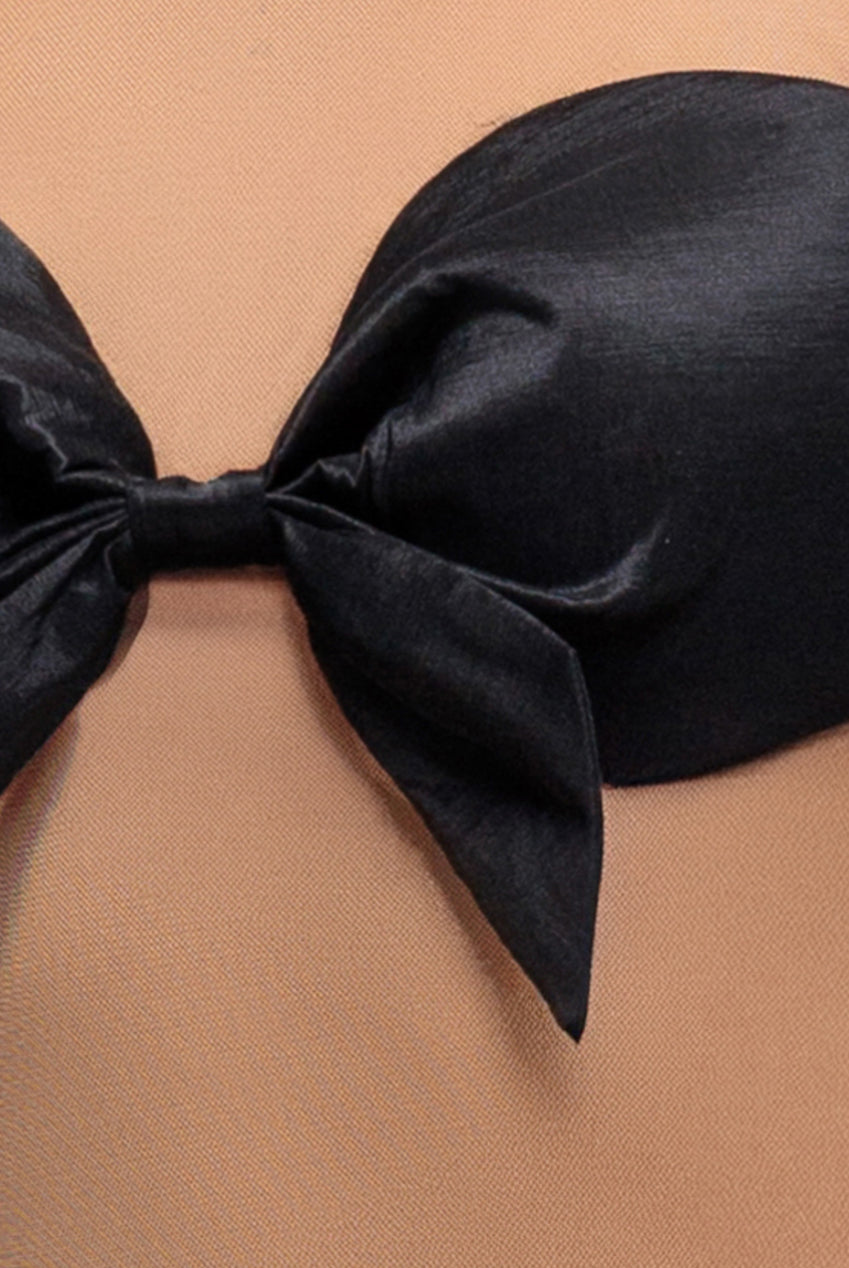 Nude Mesh Sleeveless Taffeta Bow Top - Black T236