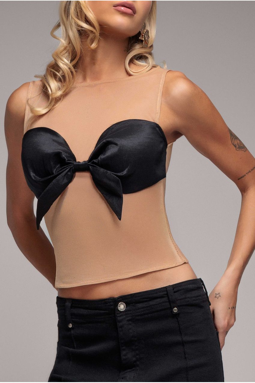 Illusion Mesh Sleeveless Taffeta Bow Top - Black T236