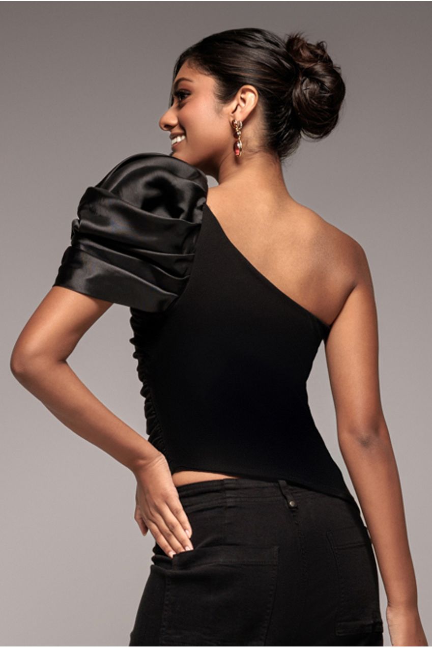 One Shoulder Puffed Satin Sleeve Asymmetric Scuba Top - Black T239