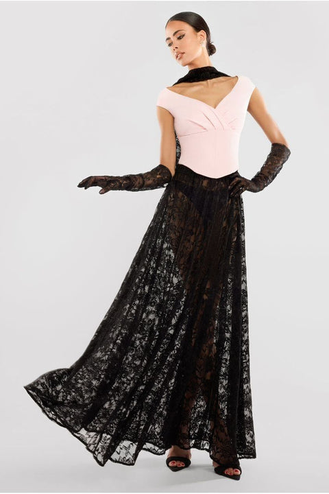 Front Pleated Wrap Off The Shoulder Corset With Lace A-Line Skirt With Scarf & Gloves - Pink & Black by Goddiva