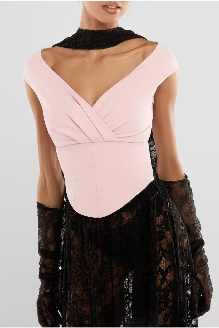 Front Pleated Wrap Off The Shoulder Corset With Lace A-Line Skirt With Scarf & Gloves - Pink & Black LOOK05