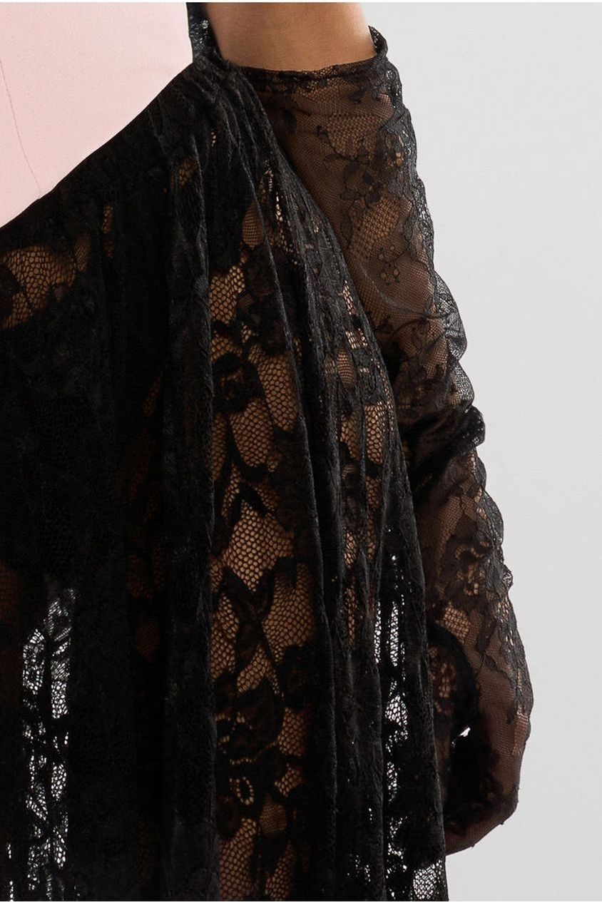 Front Pleated Wrap Off The Shoulder Corset With Lace A-Line Skirt With Scarf & Gloves - Pink & Black LOOK05