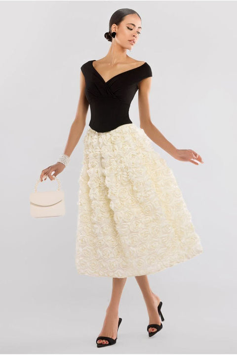 Front Pleated Wrap Off The Shoulder Corset With 3D Floral Mesh Skirt - Black & Cream by Goddiva