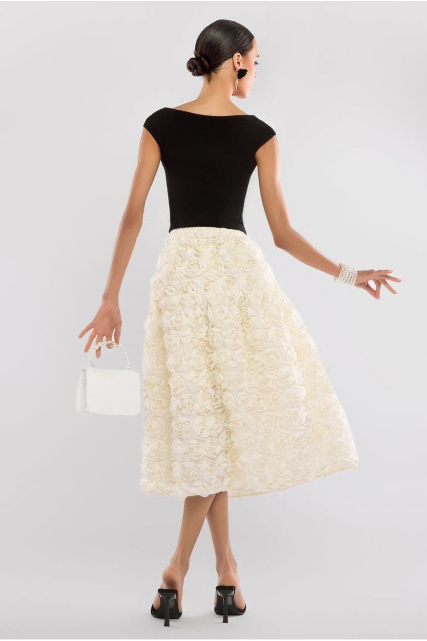 Front Pleated Wrap Off The Shoulder Corset With 3D Floral Mesh Skirt - Black & Cream LOOK08