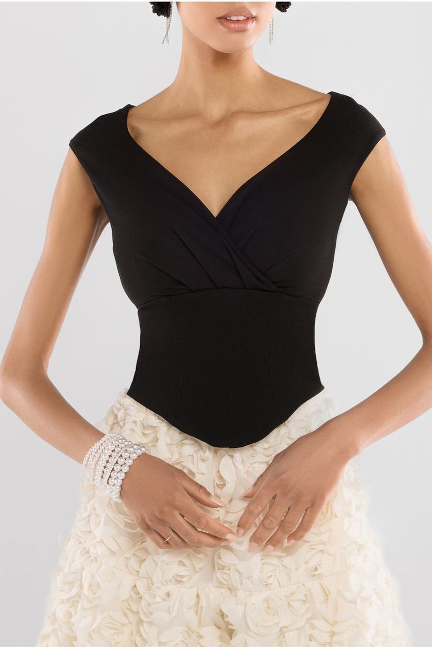 Front Pleated Wrap Off The Shoulder Corset With 3D Floral Mesh Skirt - Black & Cream LOOK08