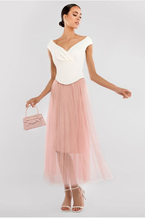 Front Pleated Wrap Off The Shoulder Corset With Tulle Gathered Midaxi Skirt Cream & Blush by Goddiva