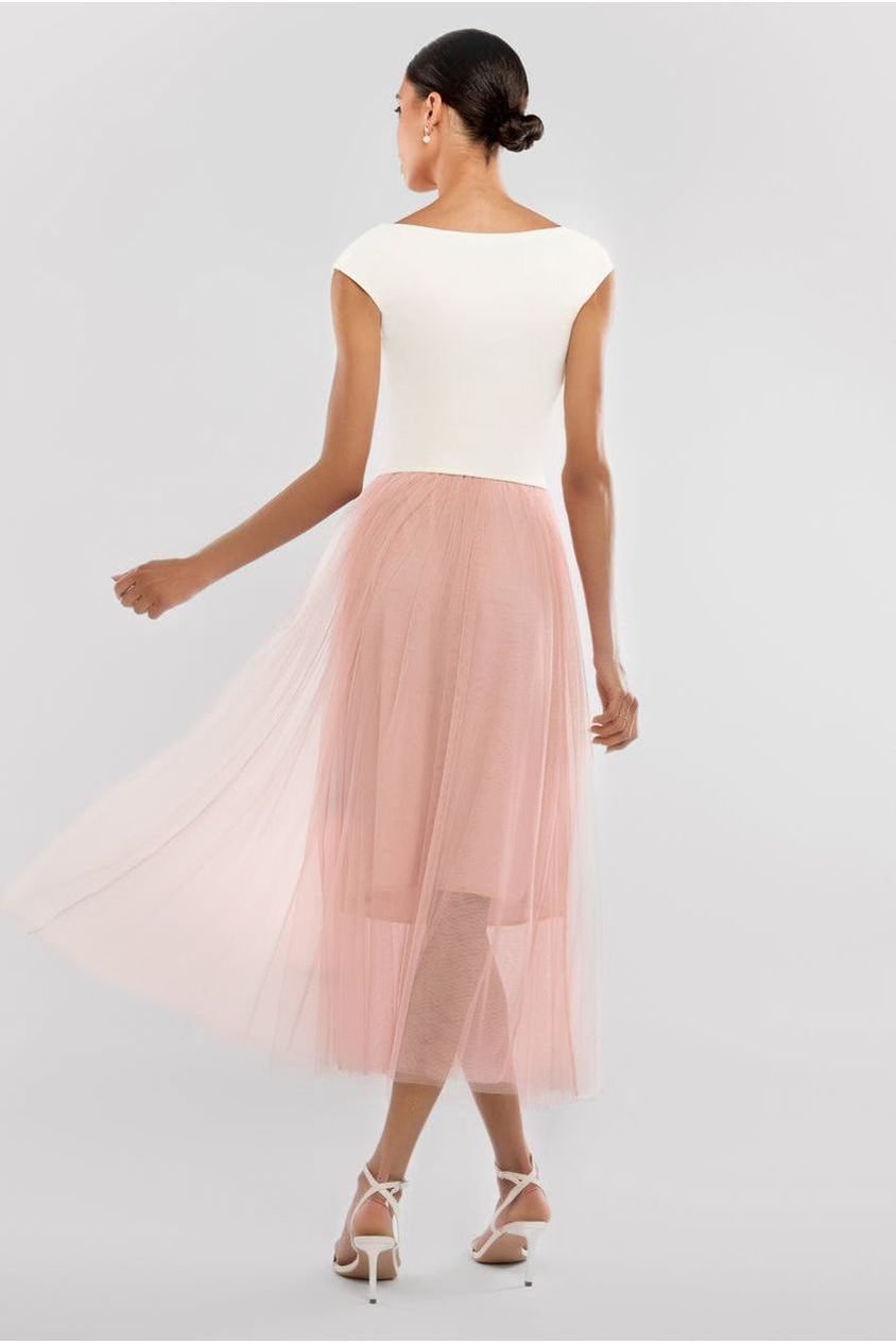 Front Pleated Wrap Off The Shoulder Corset With Tulle Gathered Midaxi Skirt  Cream & Blush LOOK04