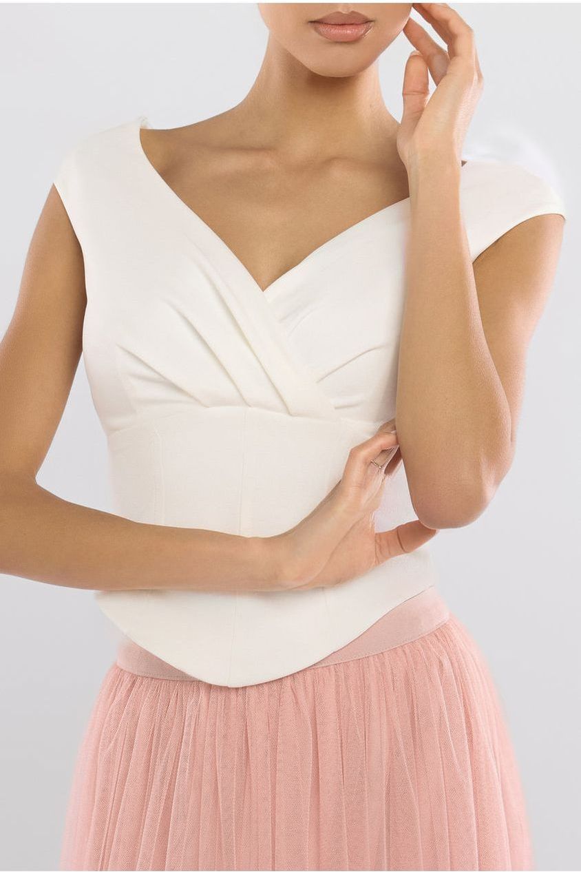 Front Pleated Wrap Off The Shoulder Corset With Tulle Gathered Midaxi Skirt  Cream & Blush LOOK04