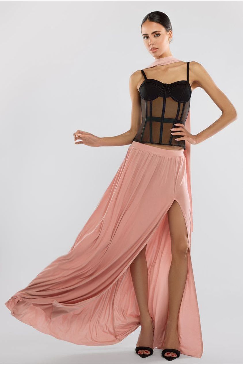 Sheer Panel Mesh Corset & Side Split Jersey Maxi Skirt & Scarf Black & Blush Pink LOOK07