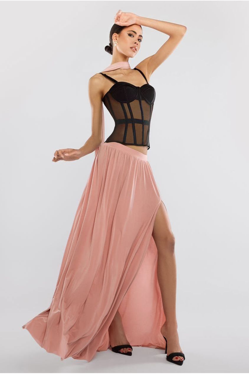 Sheer Panel Mesh Corset & Side Split Jersey Maxi Skirt & Scarf Black & Blush Pink LOOK07