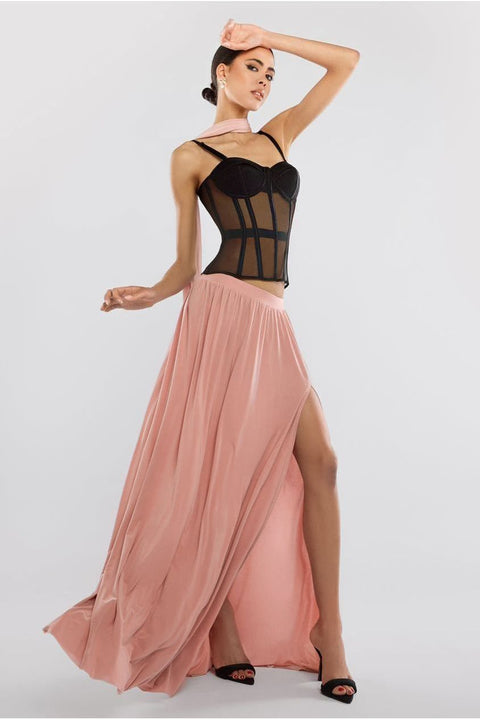 Sheer Panel Mesh Corset & Side Split Jersey Maxi Skirt & Scarf Black & Blush Pink by Goddiva