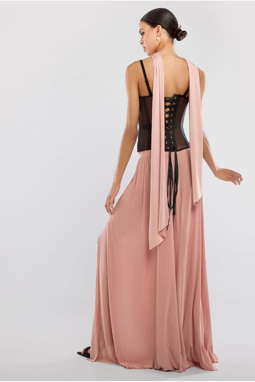 Sheer Panel Mesh Corset & Side Split Jersey Maxi Skirt & Scarf Black & Blush Pink LOOK07