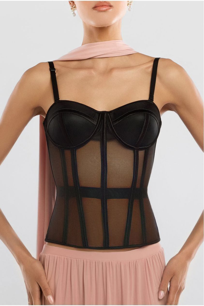 Sheer Panel Mesh Corset & Side Split Jersey Maxi Skirt & Scarf Black & Blush Pink LOOK07