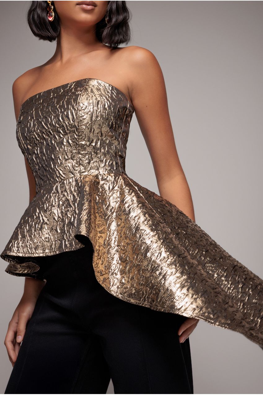 Boob Tube Jacquard Top With Asymmetric Peplum Frill - Bronze Gold T251