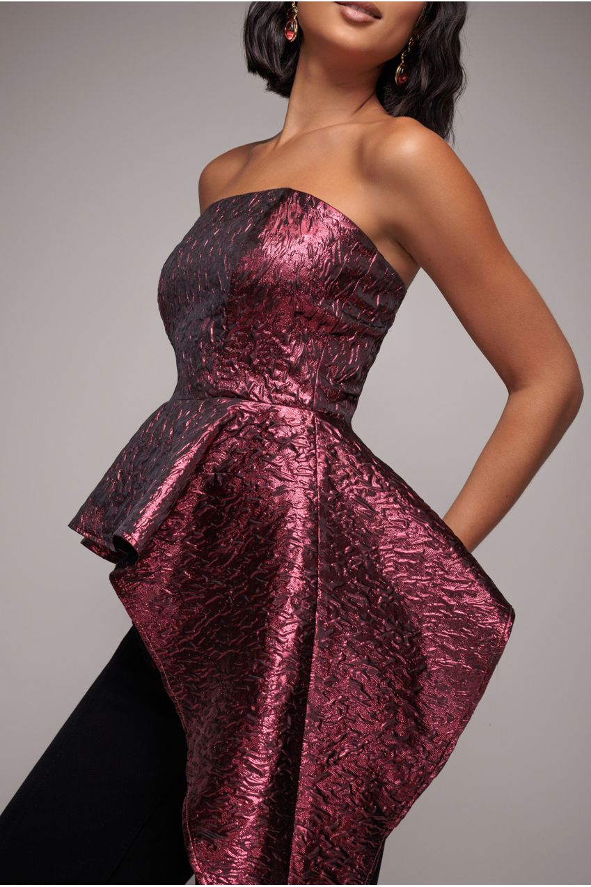 Boob Tube Jacquard Top With Asymmetric Peplum Frill - Burgundy Red T251