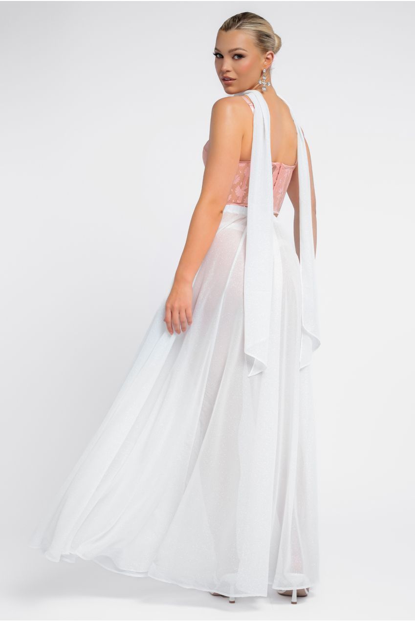 Textured Floral Mesh Corset Gathered A-Line Glitter Chiffon Maxi Skirt With Jersey Scarf & Diamante Embellished Mesh Gloves - Blush & Cream LOOK22