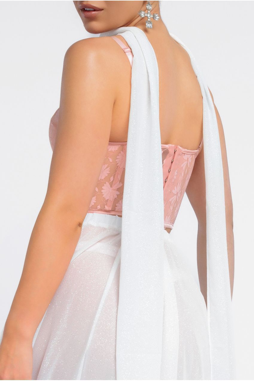 Textured Floral Mesh Corset Gathered A-Line Glitter Chiffon Maxi Skirt With Jersey Scarf & Diamante Embellished Mesh Gloves - Blush & Cream LOOK22