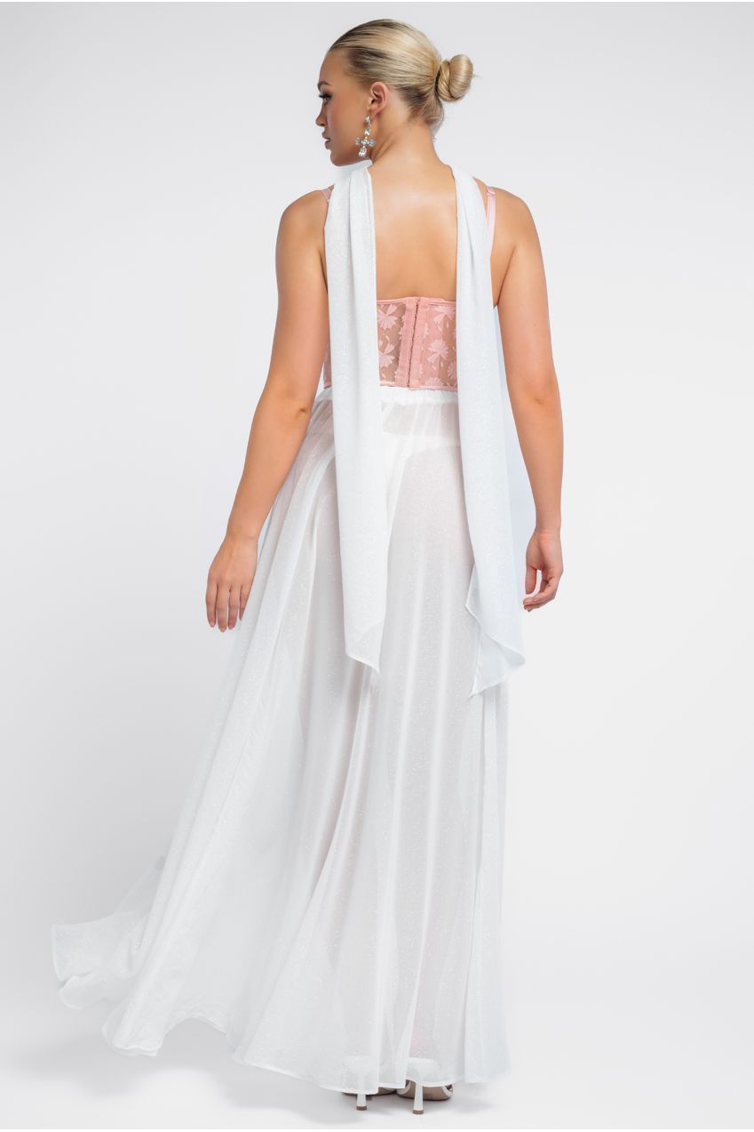 Textured Floral Mesh Corset Gathered A-Line Glitter Chiffon Maxi Skirt With Jersey Scarf & Diamante Embellished Mesh Gloves - Blush & Cream LOOK22