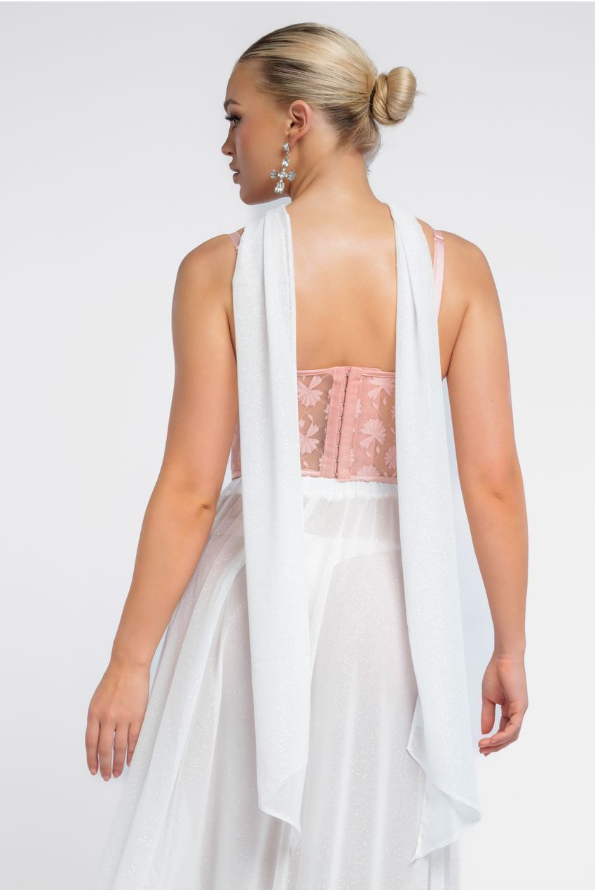 Textured Floral Mesh Corset Gathered A-Line Glitter Chiffon Maxi Skirt With Jersey Scarf & Diamante Embellished Mesh Gloves - Blush & Cream LOOK22