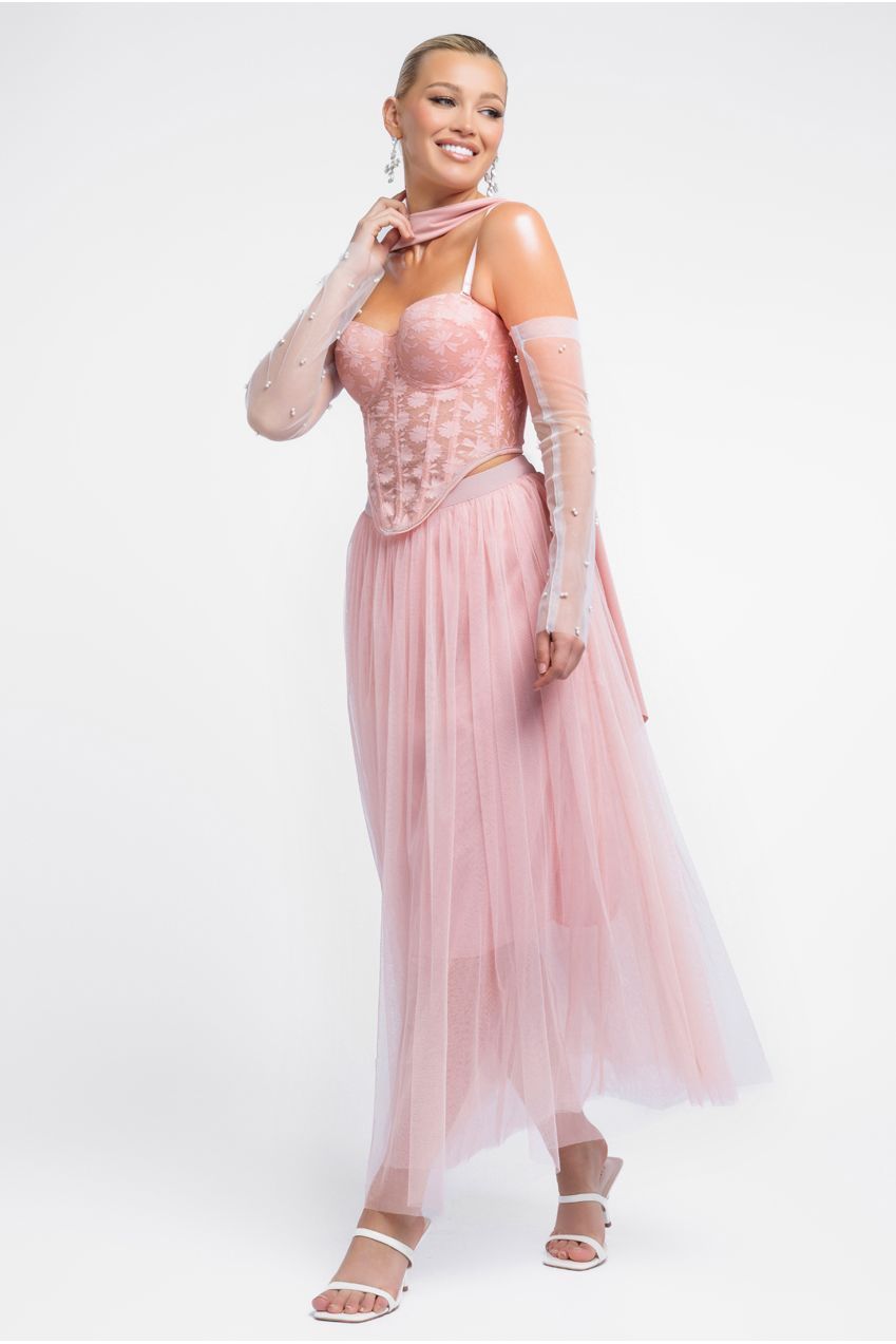 Textured Floral Mesh Corset Tulle Gathered Midaxi Skirt With Jersey Scarf & Embellished Fingerless Mesh Gloves - Blush LOOK23